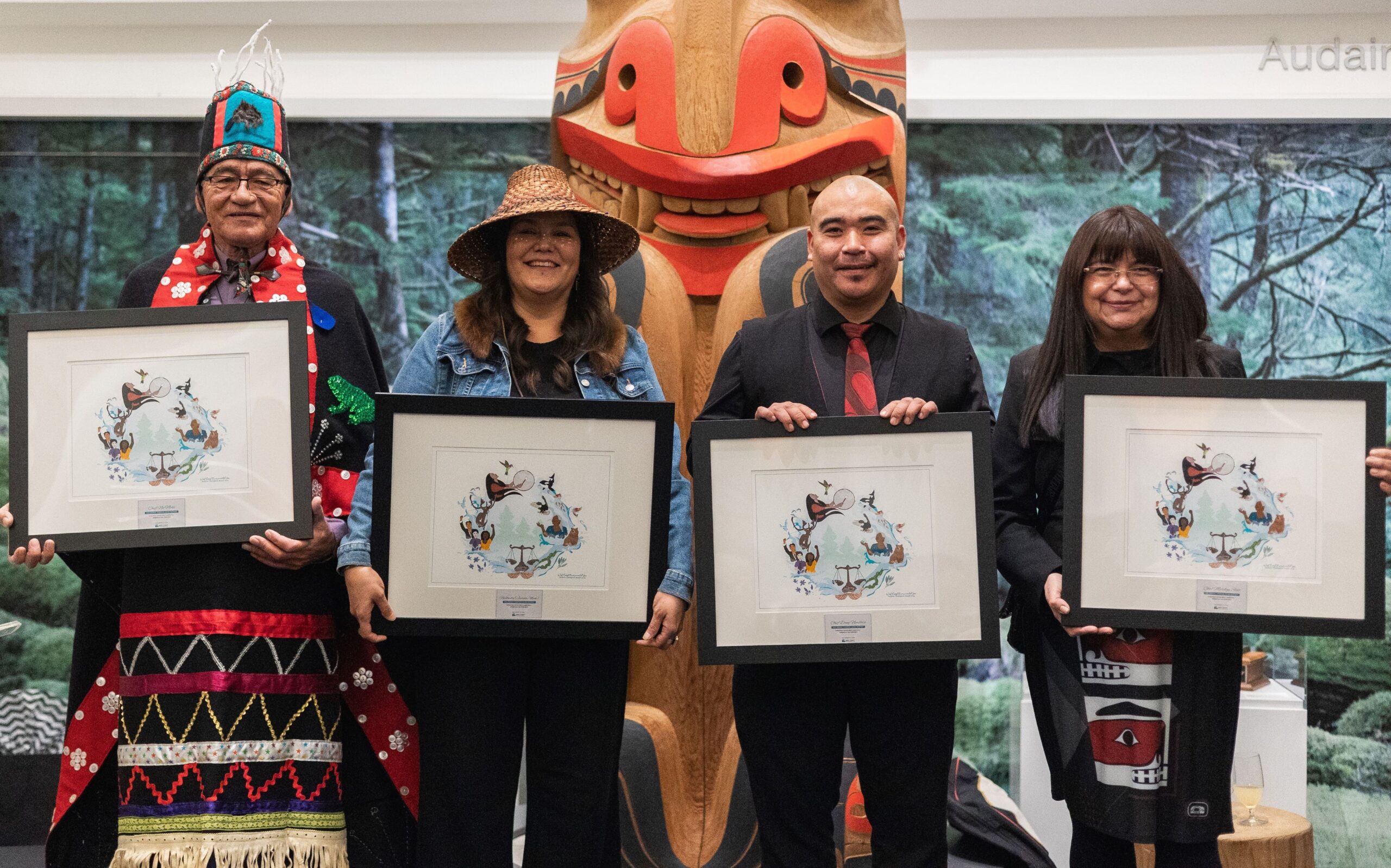 Left to right, award winners Na’Moks, Wet’suwet’en Hereditary Chief of the Tsayu Clan; Nuskmata, Nuxalk and Secwepemc, Executive Director of the Moccasin Footprint Society; Chief Councillor Doug Neasloss, Kitasoo Xai’xais Nation; Chief Councillor Marilyn Slett, Heiltsuk Nation. Missing from this photo is Giindajin Haawasti Guujaaw, Haida Nation and Iris Siwallace, Ancestral Governance Researcher, Nuxalk Nation. Photo credit: Jamie Poh / Hayf Photography.